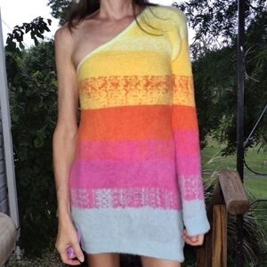 Striped One-Shoulder Fuzzy Knit Mini Dress in Yellow, Orange, Pink